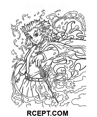Kyojuro Rengoku detaliat pagina de colorat
